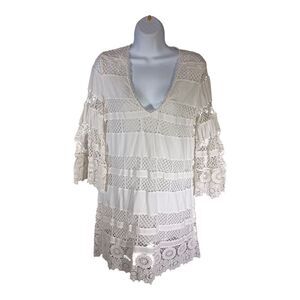 Alexis Dress Short Crochet Cotton Silk Bell Sleeve V-Neck White Womens Small